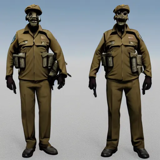 Image similar to ( ( beige ) ) zombie uniform and caps zombie security officers trending on artstation very realistic proportional accurate high detail 4 k 8 k hd