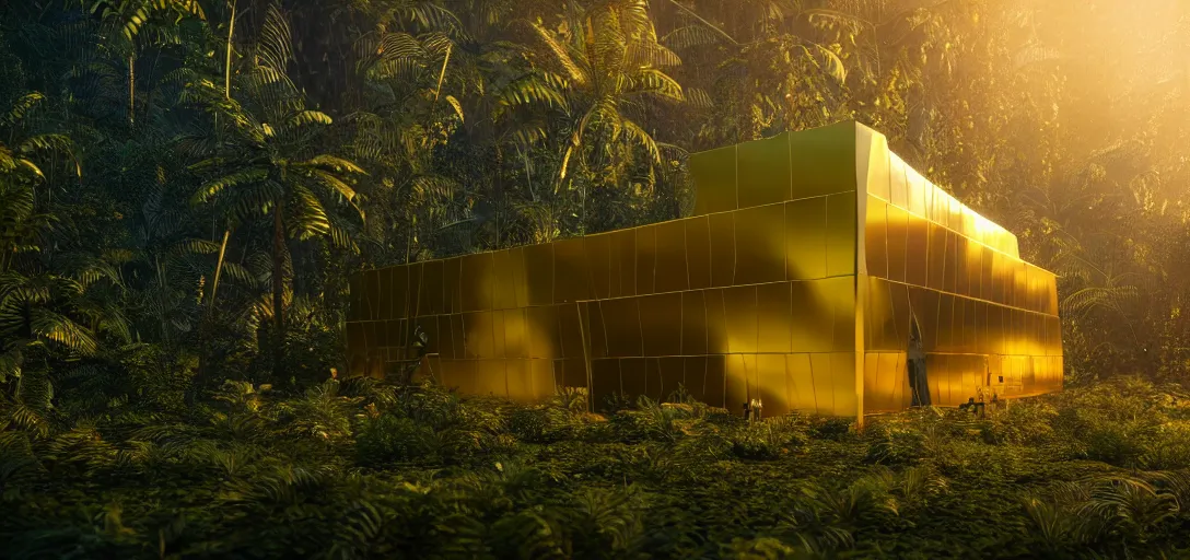 Image similar to futuristic shinny golden building in an jungle landscape of a biopunk city by taras shevchenko, movie poster, golden ratio, evening lighting, film still, realistic, octane render redshift arnold materials unreal engine, 8 k post production, hyper detailed