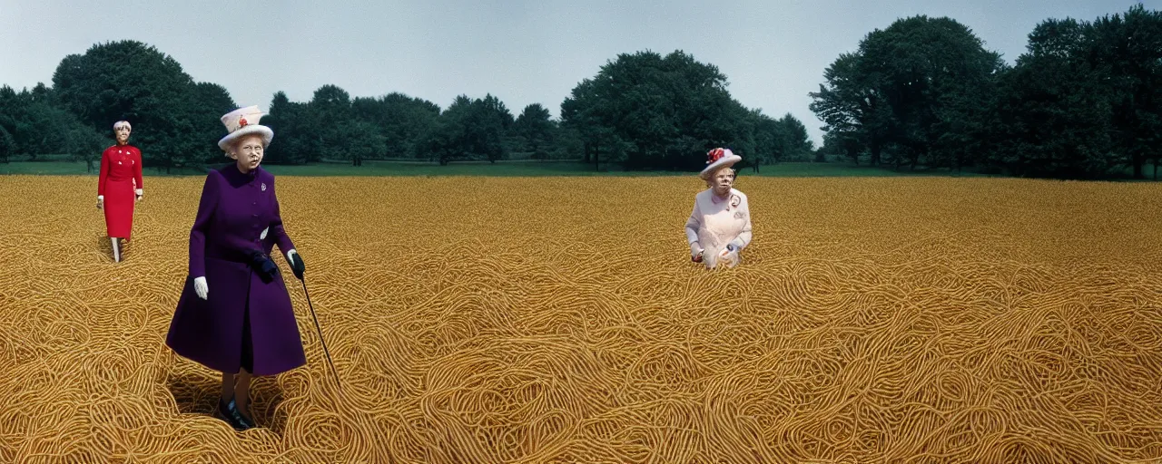 Image similar to queen elizabeth as a young woman walking through a field of spaghetti, canon 2 0 mm, wes anderson, kodachrome