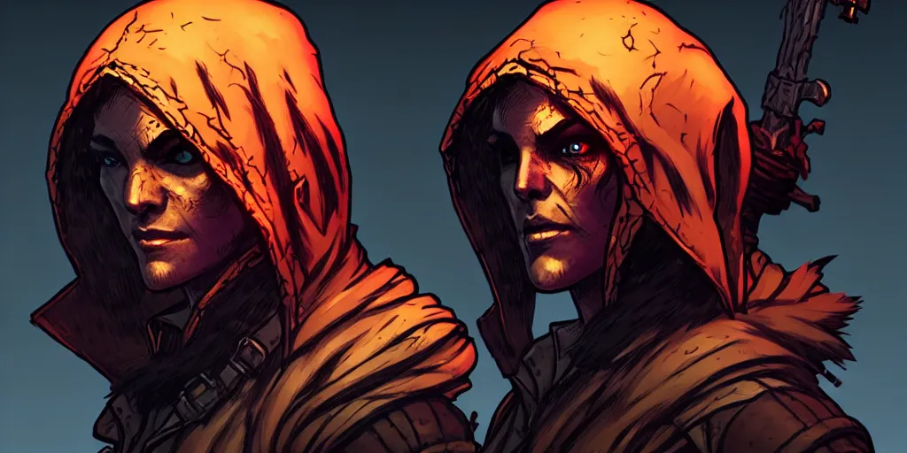 Image similar to rogue character portrait, sprite, hood, darkest dungeon, pc game, sideview, art by moebius and greg rutkowski.