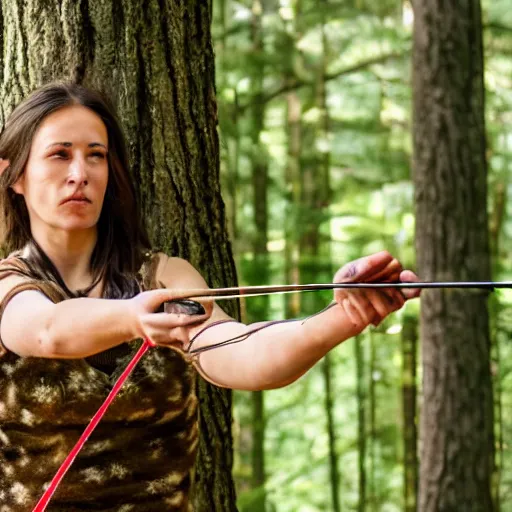 Prompt: a recurve bow made out of pine with a lye string, held by a beautiful woman in the woods hunting a deer