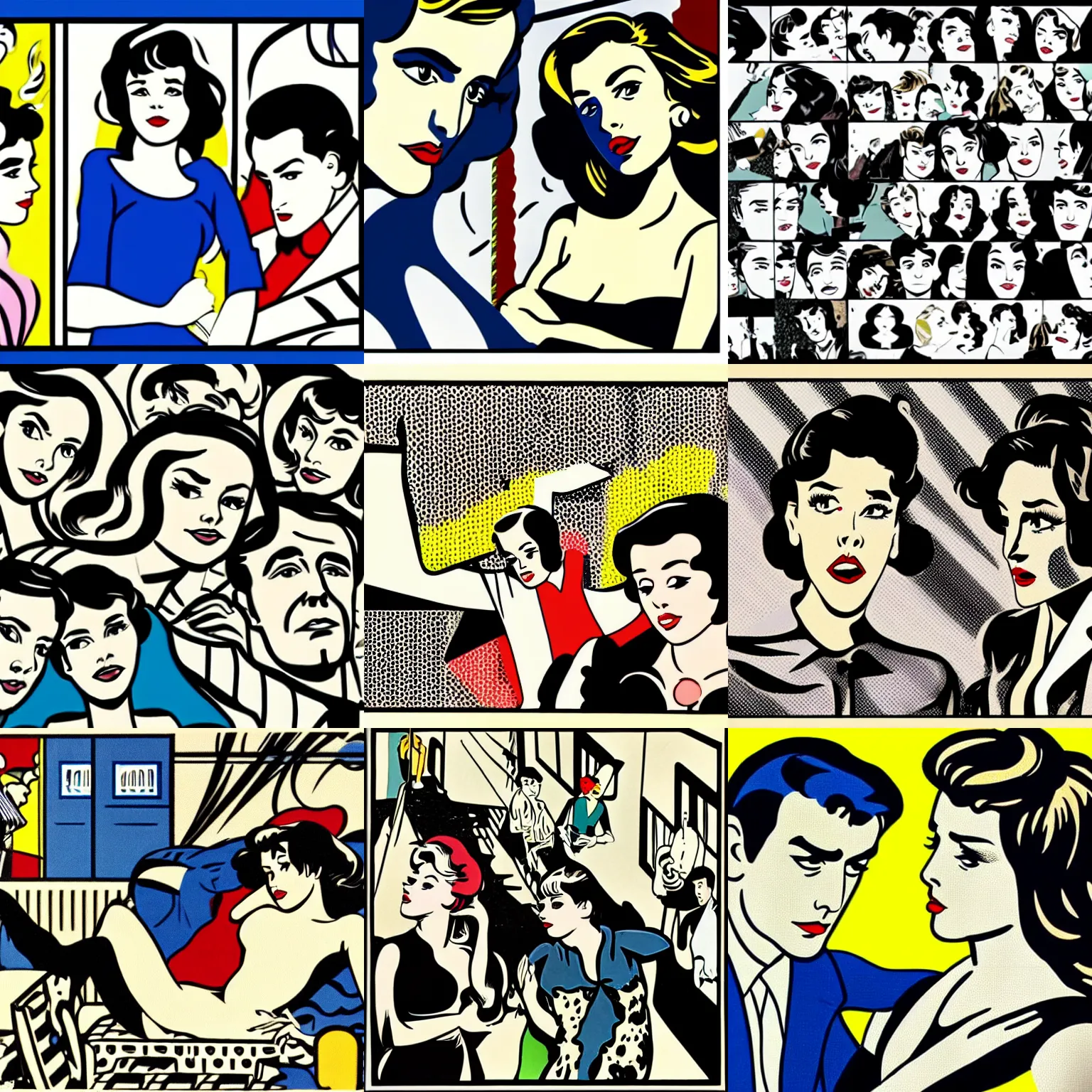 Prompt: scene of a nouvelle vague movie in the style of roy lichtenstein