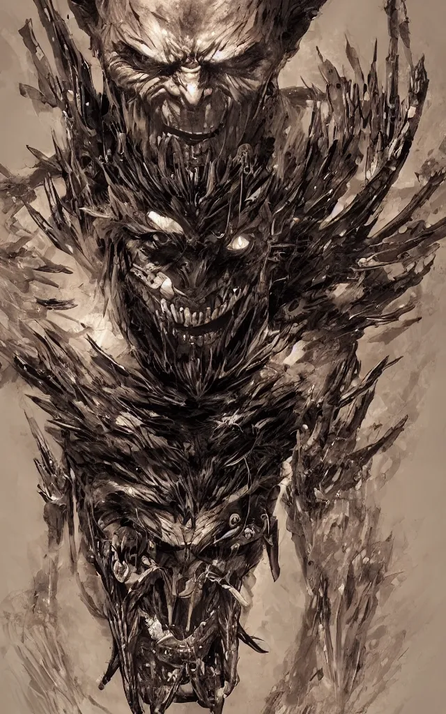 Image similar to a detailed digital art of an intimidating man with nails in two of its eyes and intricate tattoos around the eyes, wide evil grin on the face, by yoji shinkawa, jeszika le vye, mandy jurgens, trending on artstation