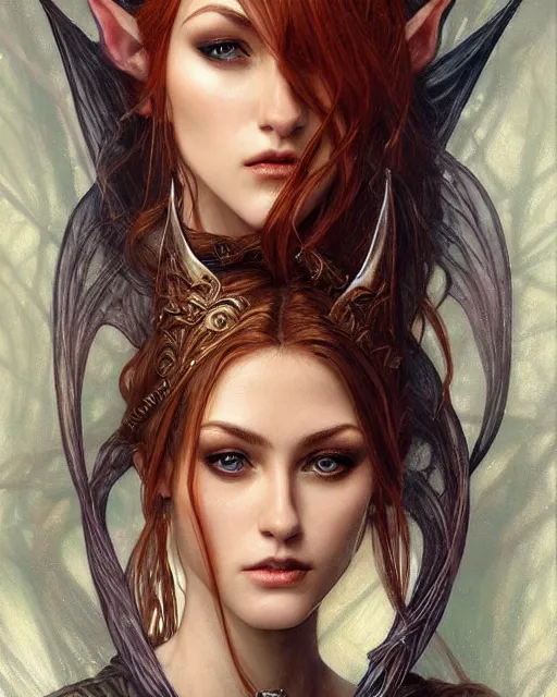 Image similar to portrait of katherine mcnamara elven mage, dark, piercing eyes, gentle expression, elegant clothing, photorealistic, highly detailed, artstation, smooth, sharp focus, art by michael whelan, artgerm, greg rutkowski and alphonse mucha