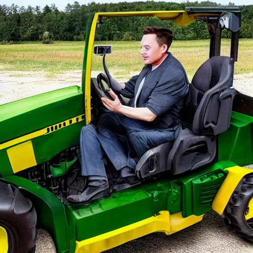 Prompt: award winning photograph, elon musk driving a john deere