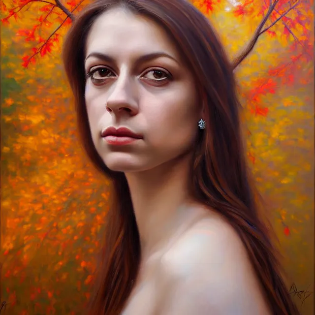 Prompt: stunning serene portrait of Sara Jay by Mark Arian, oil on canvas, masterpiece, realism, piercing gaze, autumn bokeh