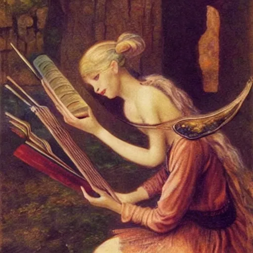 Prompt: elfen fairy, bard, lute, art student, cardigan, blonde