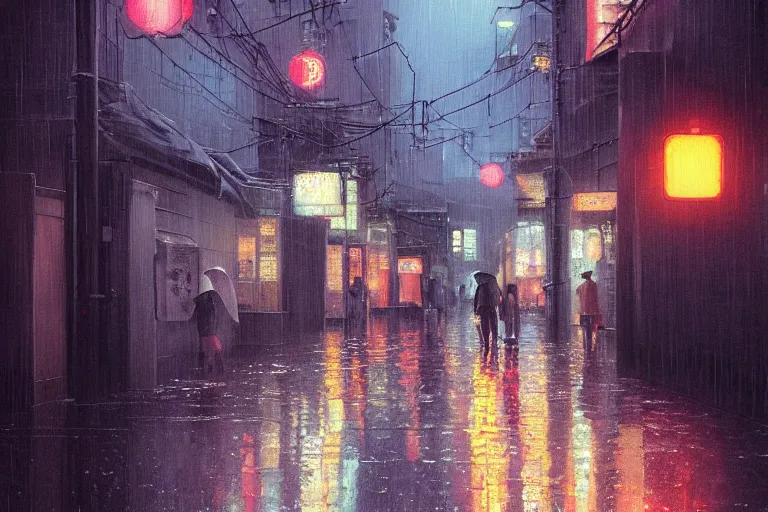 Image similar to a painting of a rain soaked back street in osaka at dusk, neon lights, dark figures walking, digital art, trending on artstation, by studio ghibli and greg rutkowski. spirited away. trending on artstation, hyperrealism, unreal engine