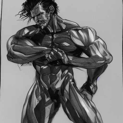 Prompt: pose study of gigachad, yoni shinkawa fine sketch