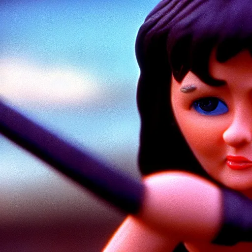 Image similar to a cinematic film still of a claymation stop motion film starring young lucy lawless as xena warrior princess, brunette hair, shallow depth of field, 8 0 mm, f 1. 8