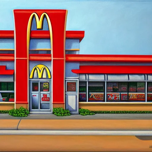 Image similar to painting of mcdonalds restaurant building, highly detailed, digital painting, smooth, sharp focus, art by m. c. escher