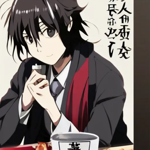 Image similar to Dazai from Bungou Stray Dogs drinking mate