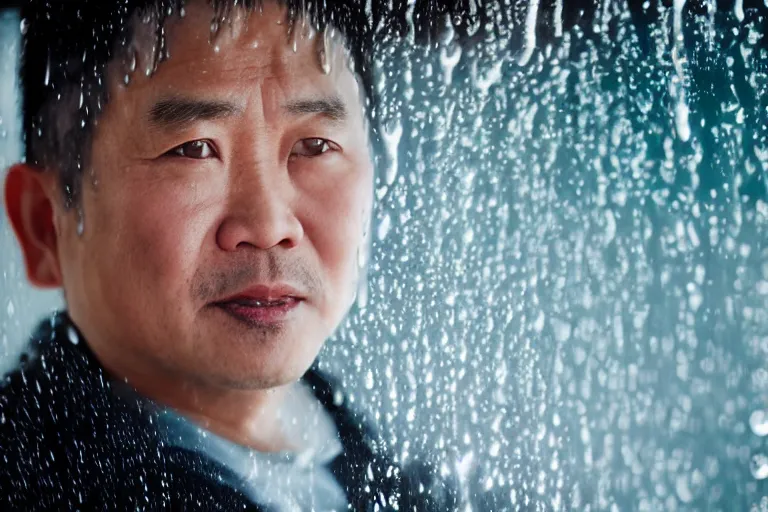 Image similar to a cinematic headshot portrait of a middle aged asian man, through a steamed up window, movie still, ocean background, waves, rain, dramatic lighting, back light, hair light, rim light, 4 k, ultra realistic