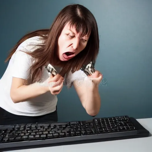 Image similar to A woman smashing a keyboard, angry, stock photo