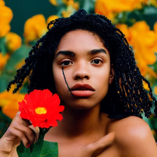 Image similar to realistic! photoshoot for a new nike lookbook, color film photography, portrait of a beautiful woman, woman got a flower in her hair, in style of tyler mitchell, 35mm