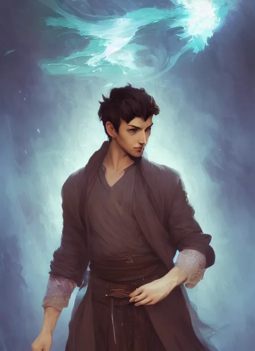 Image similar to character concept portrait of an attractive young focused Spanish wizard with pale teal skin enchanting a drowning spell, a floating iridescent spell book in the center, intricate, elegant, digital painting, concept art, smooth, sharp focus, illustration, from Metal Gear, by Ruan Jia and Mandy Jurgens and William-Adolphe Bouguereau, Artgerm