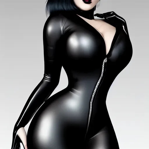 Prompt: curvy feminine goth woman with elegant tight black-silver nylon and latex outfit, cgsociety, photorealistic, highly detailed, sublime, 16k, smooth, sharp focus, trending on ArtStation, hyperdetailed, volumetric lighting