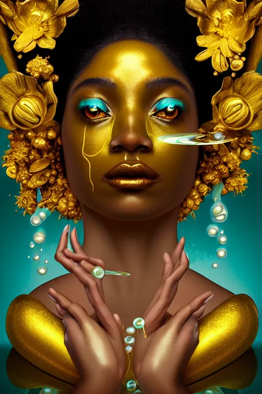 Image similar to hyperrealistic neo - rococo cinematic super expressive! oshun goddess with gold eyes, droplet armor, looking at herself in a liquid mirror, gold flowers, highly detailed digital art masterpiece, smooth etienne sandorfi eric zener dramatic pearlescent soft teal light, ground angle uhd 8 k, sharp focus
