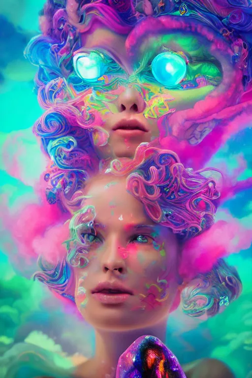 Image similar to a beautiful princess engulfed in colorful liquid clouds and neon smoke, extremely psychedelic experience, psilocybin, lsd, dmt, face, highly detailed, artstation, concept art,, sharp focus, digital art by hana yata, and artem demura and beeple, lisa frank, cyberpunk, octane render, unreal engine, 8 k