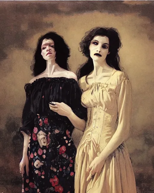 Prompt: a beautiful and eerie baroque painting of two women who are beautiful but creepy, wearing floral dresses, with haunted eyes and dark hair, 1 9 7 0 s, seventies, wallpaper, a little blood, morning light showing injuries, delicate embellishments, painterly, offset printing technique, by brom, robert henri, walter popp