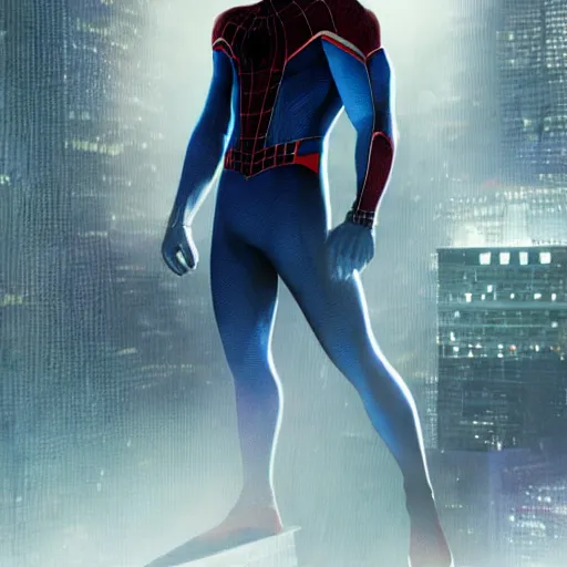 Image similar to ryan reynolds as spider - man, wearing a black and blue suit, cinematic, volumetric lighting, f 8 aperture, cinematic eastman 5 3 8 4 film, photorealistic by greg rutkowski, by stanley artgerm, by alphonse mucha