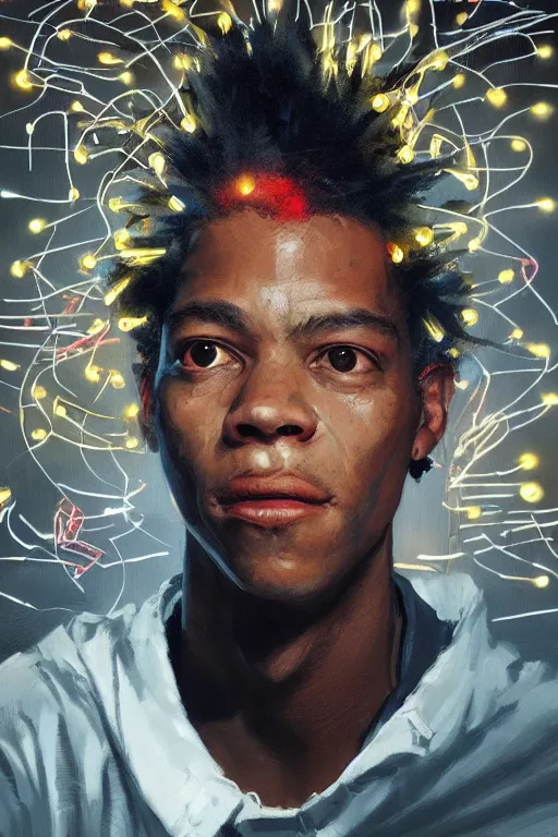 Image similar to portrait of jean basquiat, intricate, elegant, glowing lights, highly detailed, digital painting, artstation, sharp focus, illustration, art by wlop, mars ravelo and greg rutkowski