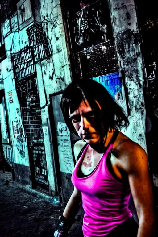 Image similar to buenos aires argentina cyberpunk strong girl sweating, sci - fi streets night