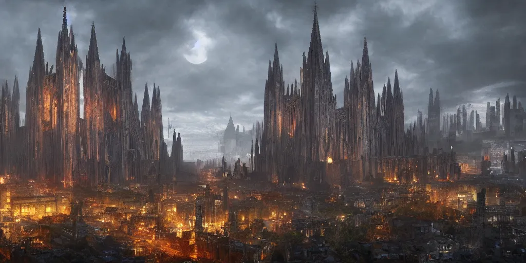 Prompt: a giant cathedral towering above the city, medieval, fantasy apocalypse, digital art, mmo, 4 k,