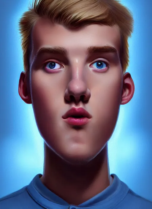 Image similar to portrait of high school senior boy named big moose, blonde short hair, jock, beefy, wide face, square jaw, square facial structure, blue varsity jacket with letter r, intricate, elegant, glowing lights, highly detailed, digital painting, artstation, concept art, sharp focus, illustration, art by wlop, mars ravelo and greg rutkowski