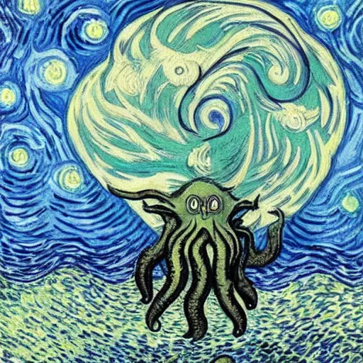 Image similar to cthulhu coming from the night sky of a city, painting by van gogh