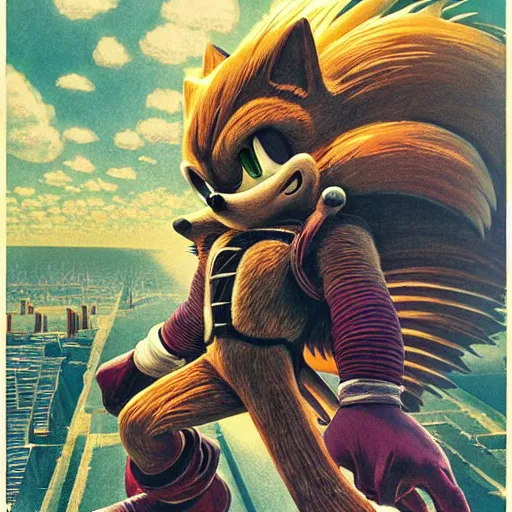 Image similar to sonic the hedgehog, character portrait, portrait, close up, concept art, intricate details, highly detailed, vintage sci - fi poster, retro future, in the style of chris foss, rodger dean, moebius, michael whelan, and gustave dore