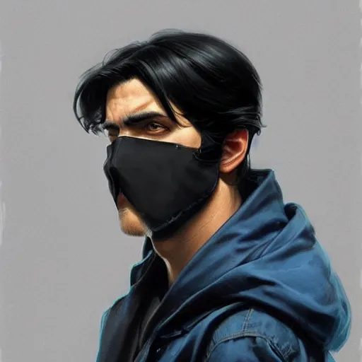 Image similar to ultra realistic illustration, man with black hair with a black mask, in blue hood, highly detailed, digital painting, artstation, concept art, smooth, sharp focus, illustration, art by artgerm and greg rutkowski and alphonse mucha