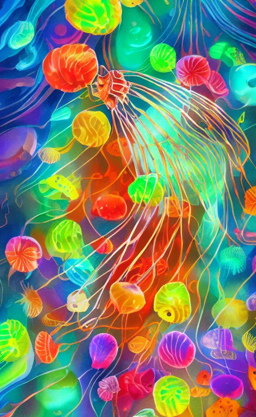 Image similar to jelly fish, autumn light, colorful, smoke, beautiful, by studio ghibli, crayons, digital art, concept art, sharp focus, illustration