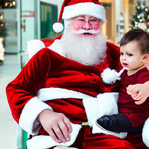 Prompt: a drunk santa crying while having a child on his lap, shopping mall, emotional, sadness, anxious