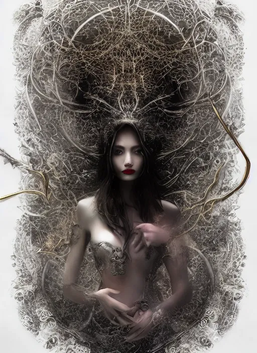 Prompt: book cover, glowing silver and golden elements, full close-up portrait, female portrait model from shutterstock as a dark evil looking witch, green forest, white moon, red lips, establishing shot, extremly high detail, photo-realistic, cinematic lighting, pen and ink, intricate line drawings, by Yoshitaka Amano, Ruan Jia, Kentaro Miura, Artgerm, post processed, concept art, artstation, matte painting, style by eddie, raphael lacoste, alex ross