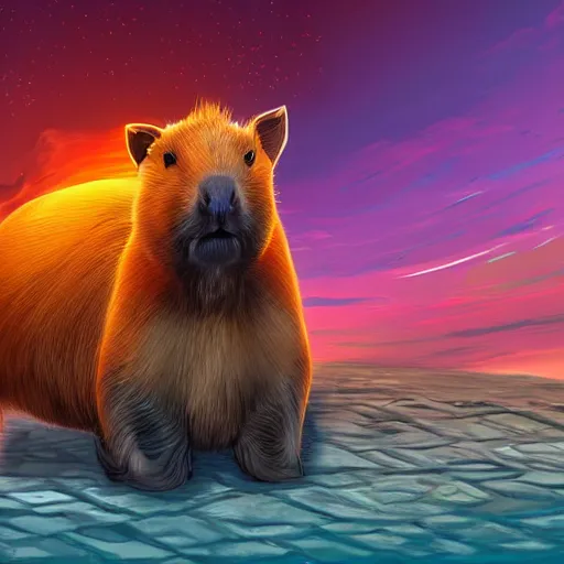 Prompt: a detailed digital art of a god capybara sitting on a throne in hell