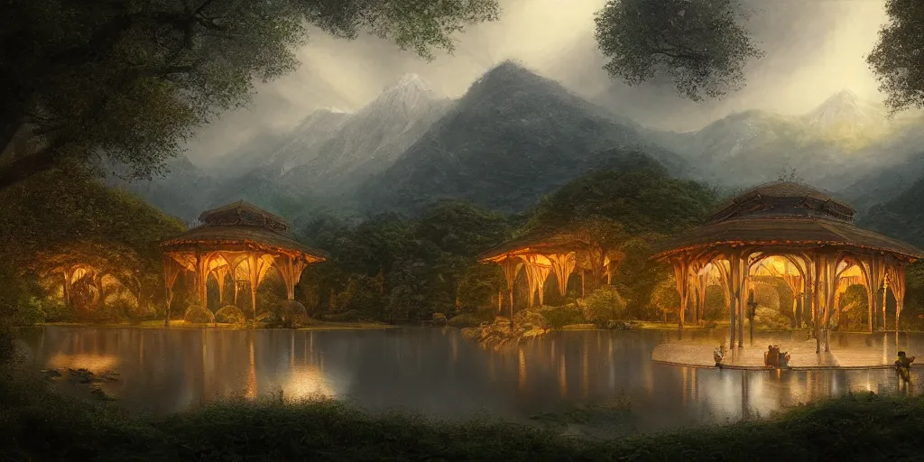 Image similar to The Pavilion in Rivendell, evening, detailed matte painting, cinematic, Alan Lee, Artstation