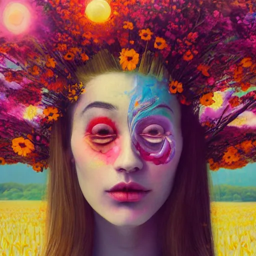 Image similar to woman with flower as face, surreal photography, standing in flower field, sunrise dramatic light, impressionistic painting, colorful clouds, artstation, dali, simon stalenhag