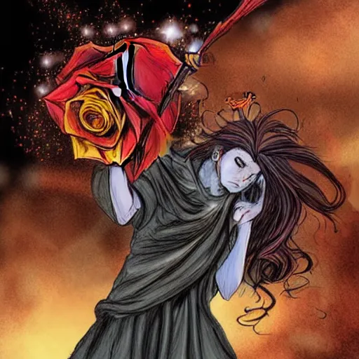 Image similar to The celestial warlock (a beautiful half elf with long red hair) clumsily knocks a single red rose from the top of a funerary urn, releasing an angry wraith from inside. The urn is on the floor, the rose is falling. Dramatic digital art illustration in comic book style by Simon Bisley