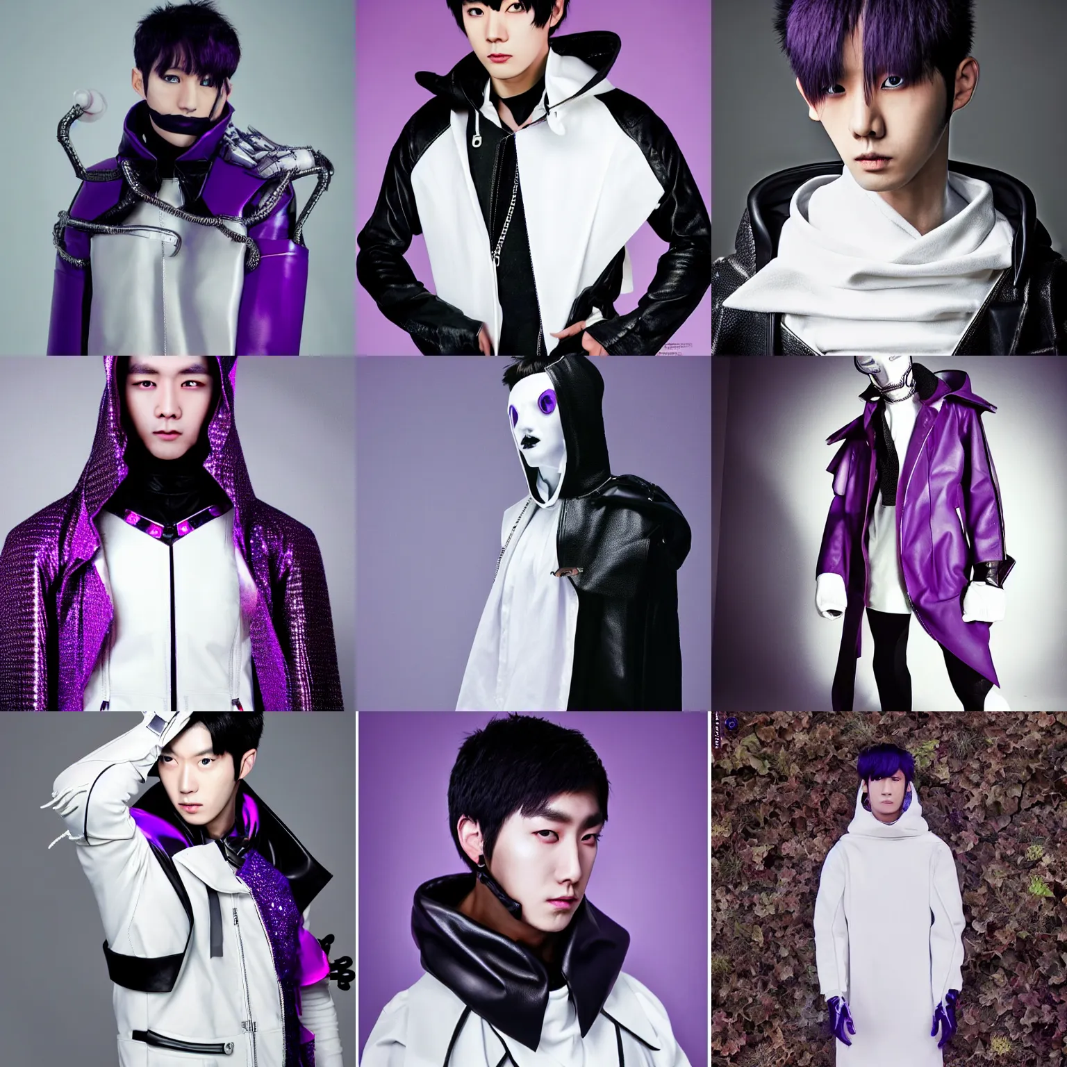 Prompt: male ulzzang with white sci - fi leather garment and hood, black cybernetic enhancements, purple crystal jewelry, full shot, fashion photography, by irving penn and storm thorgerson, ren heng