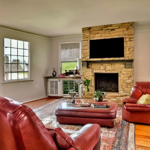 Prompt: a real estate home interior photo. the fireplace is a portal to hell and demons are lounging on the furniture