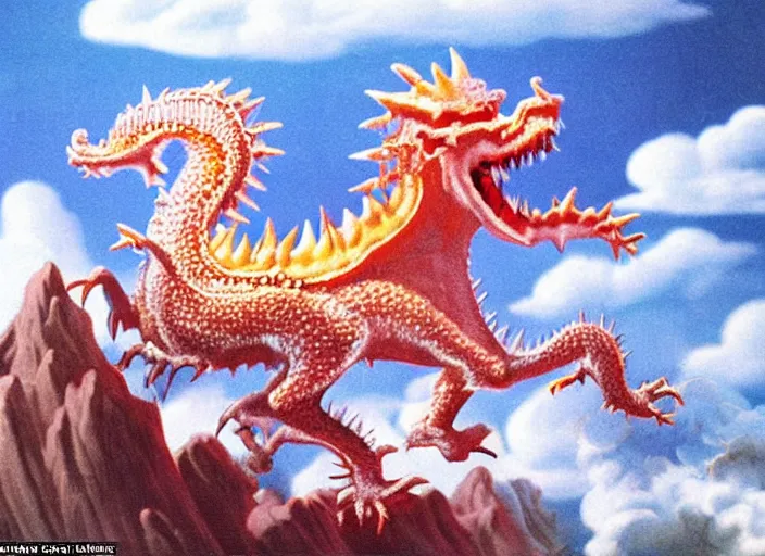 Image similar to soft pleasing - palette roaring symmetrical spiky friendly creature, close - up, pleasing palette, cute spiky teeth, adorable, friendly, highly detailed, made out of idyllic nebulous clouds sophisticated detailed pastel dragon from scenery fantasia ( 1 9 4 1 )