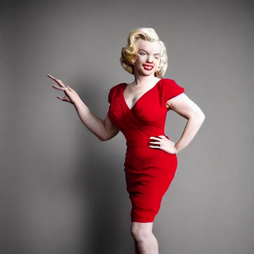 Image similar to Stunning studio photograph of Marilyn Monroe in a red dress smiling slightly for the camera, XF IQ4, f/1.4, ISO 200, 1/160s, 8K, RAW, unedited, symmetrical balance, in-frame, sharpened