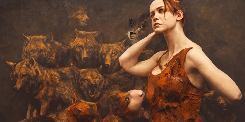 Prompt: highly detailed photography of a woman made of rust clay, surrounded by wolves, big rocks, hand gesture, dust particles, dramatic scene, aesthetic, dynamic lighting, masterpiece, by roberto ferri, blue background, high quality, spatula