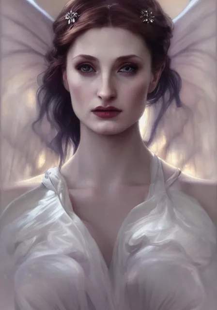 Prompt: sansa angeline jolie gessica chastain dark fairy, intricate, elegant, highly detailed, digital painting, artstation, concept art, smooth, sharp focus, illustration, art by artgerm and greg rutkowski and alphonse mucha and william - adolphe bouguereau