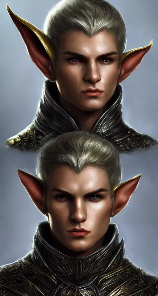 Image similar to A medium shot portrait of a male elf, he is about 20 years old, attractive, lean but muscular, serious composure, short silver hair, prideful look, he is wearing black heavy armor with gold plating and a red cape, highly detailed portrait, digital painting, ArtStation, concept art, smooth, sharp focus illustration, ArtStation HQ