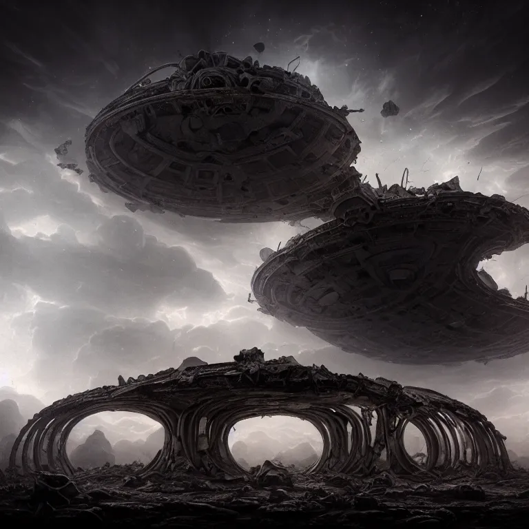 Image similar to landscape abandoned alien structure on exoplanet, wrecked technology, dark clouds, surreal abandoned buildings, dream-like heavy atmosphere, baroque painting, beautiful detailed intricate insanely detailed octane render trending on Artstation, 8K artistic photography, photorealistic, dramatic volumetric cinematic light, chiaroscuro, award-winning photograph, masterpiece, Raphael, Caravaggio, Beksinski, Giger