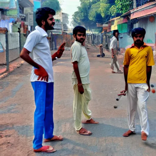 Image similar to four tamil friends playing a game of cricket, on an indian street, photorealistic, 4 k