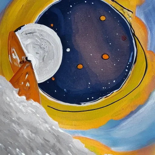 Image similar to a painting of a giant coin landing like a rocket on the surface of the moon