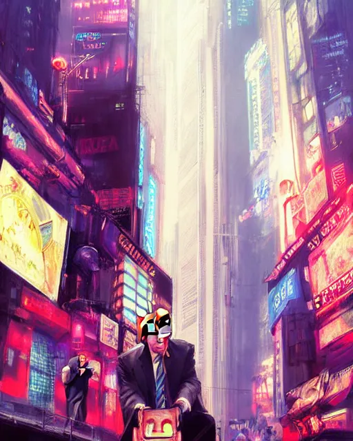 Image similar to donald trump posing in front of the nyse, cyberpunk atmosphere, neon lights, portrait, illustration, rim light, top light, perfectly shaded, spring time, slight overcast lighting, soft painting, art by krenz cushart and wenjun lin